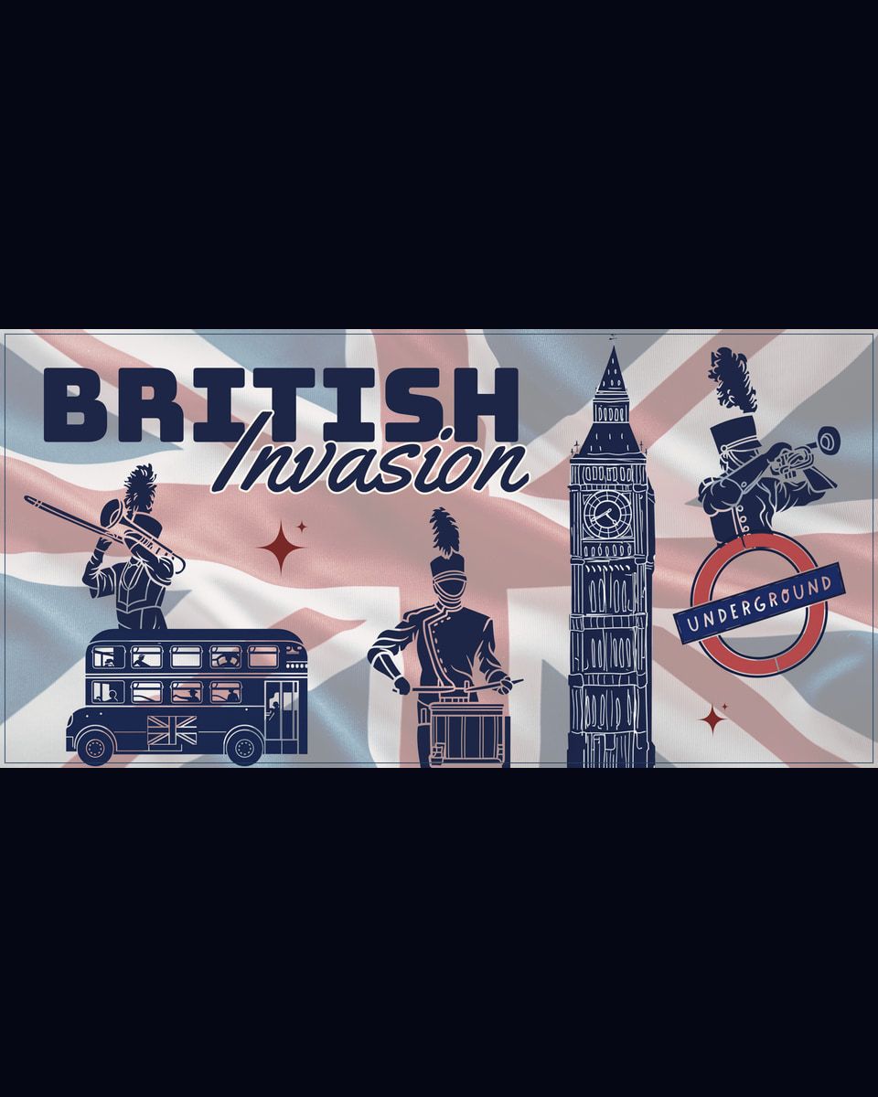 Affiche British Invasion : Big Ben, garde royal, double-decker bus et drapeau britannique en arrière-plan