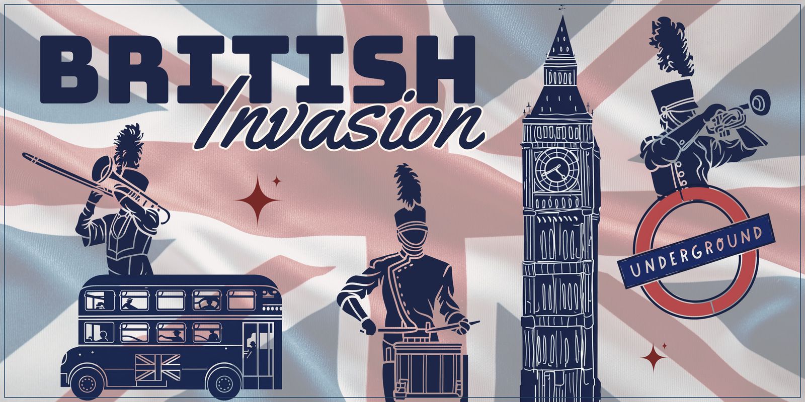 Affiche British Invasion : Big Ben, garde royal, double-decker bus et drapeau britannique en arrière-plan
